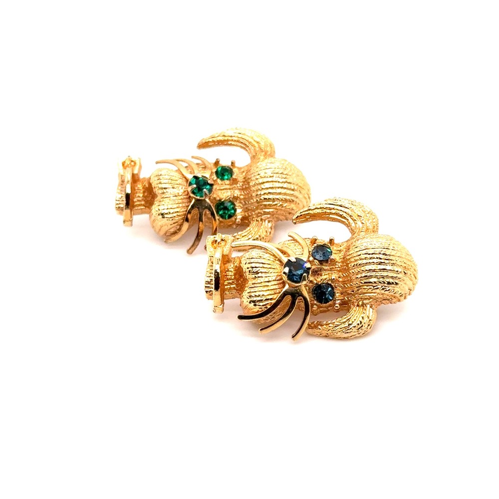 Vintage Gold Tone Poodle Brooch Pin Set Blue Green Rhinestone Eyes Dog Jewelry